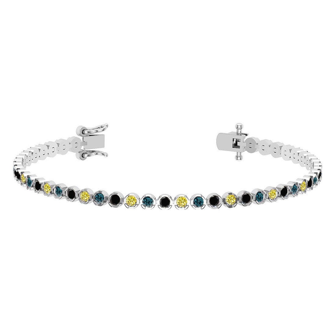 2.60 Ctw I2/I3 Multi Diamond14K White Gold Bracelet: Center Diamond Weight : 2.60 Ctw (Round Cut) Center Diamond Color :- Treated Fancy Blue black yellow diamond Center Clarity : I2/I3 Stone Setting : Prong Metal Weight : Approx 7.90 Gram 14K White Gold