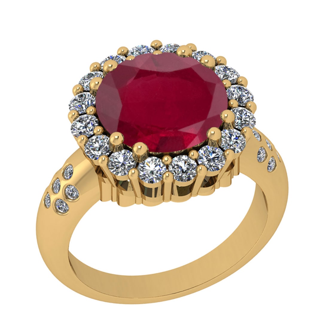 4.30 Ctw VS/SI1 Ruby And Diamond 14K Yellow Gold Engagement Halo Ring: Center Stone Weight : 3.00 Ctw ( Round Cut ) Center Stone Color : Ruby Stone Setting : Prong Side Diamond Weight Of Ctw 1.30 Ctw Side Stone Color : J-K Stone Clarity : VS/SI1 Stone Setting : Prong Met