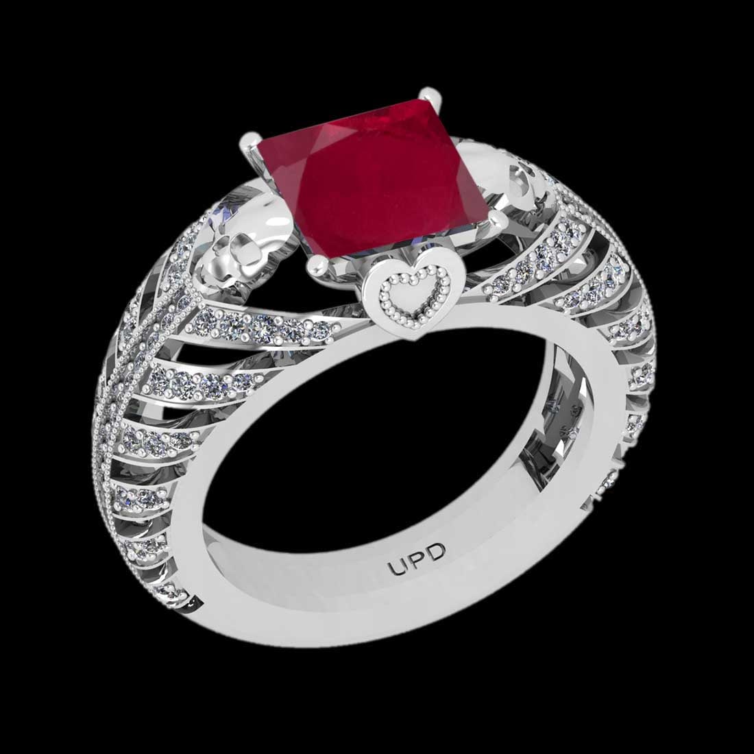 2.76 Ctw VS/SI1 Ruby And Diamond Prong Set 14K White Gold Skull Ring: Center Stone Weight : 2.00 Ctw ( Princess Cut) Center stone Color :- Ruby Center Stone Setting : Prong Side Stone Weight Of Ctw 0.76 Ctw Side Stone Color : J-K Stone Clarity :VS/SI1 Stone Setting : Pr