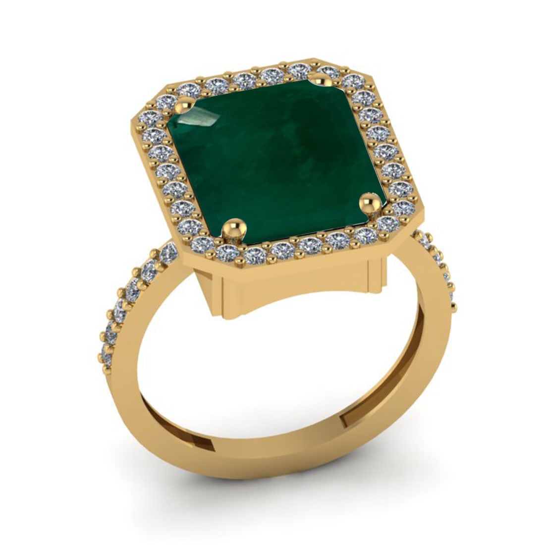 5.99 Ctw VS/SI1 Emerald And Diamond 18K Yellow Gold Engagement Ring: Center Stone Weight : 5.49 Ctw (1 Psc Emerald Cut ) Center Stone Color : Emerald Center Stone Setting : Prong Side Stone Weight Of Ctw 0.50 Ctw Side Stone Color : J-K Stone Clarity : VS/SI1 Stone
