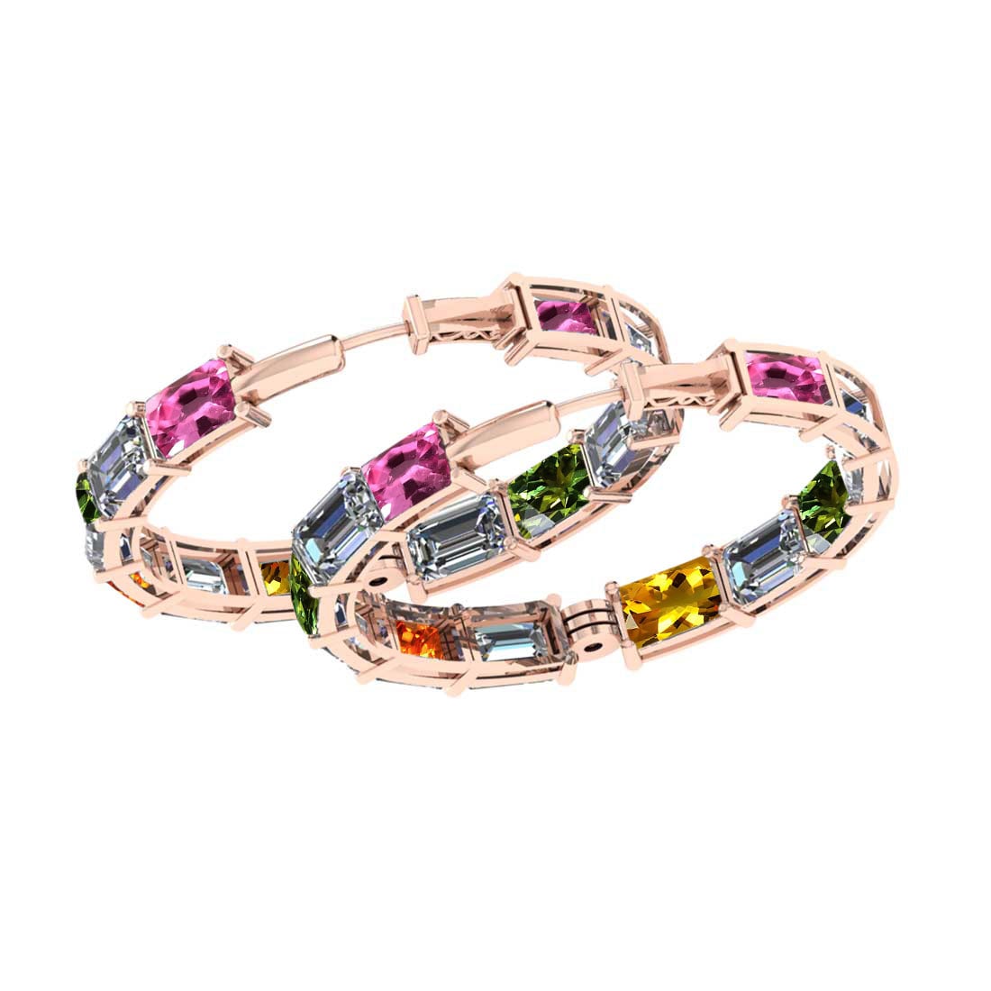 3.00 Ctw VS/SI1 Multi Stone Sapphire And Diamond 14K Rose Gold Hoop Earring: Multi Stone Weight : 1.50 Ctw ( Emerald Cut ) Multi Stone Color :- Pink,Yellow Green,Orange Sapphire Stone Setting : Prong Side Diamond Weight Of Ctw 1.50 Ctw Side Stone Color : J-K Stone Clarity : VS