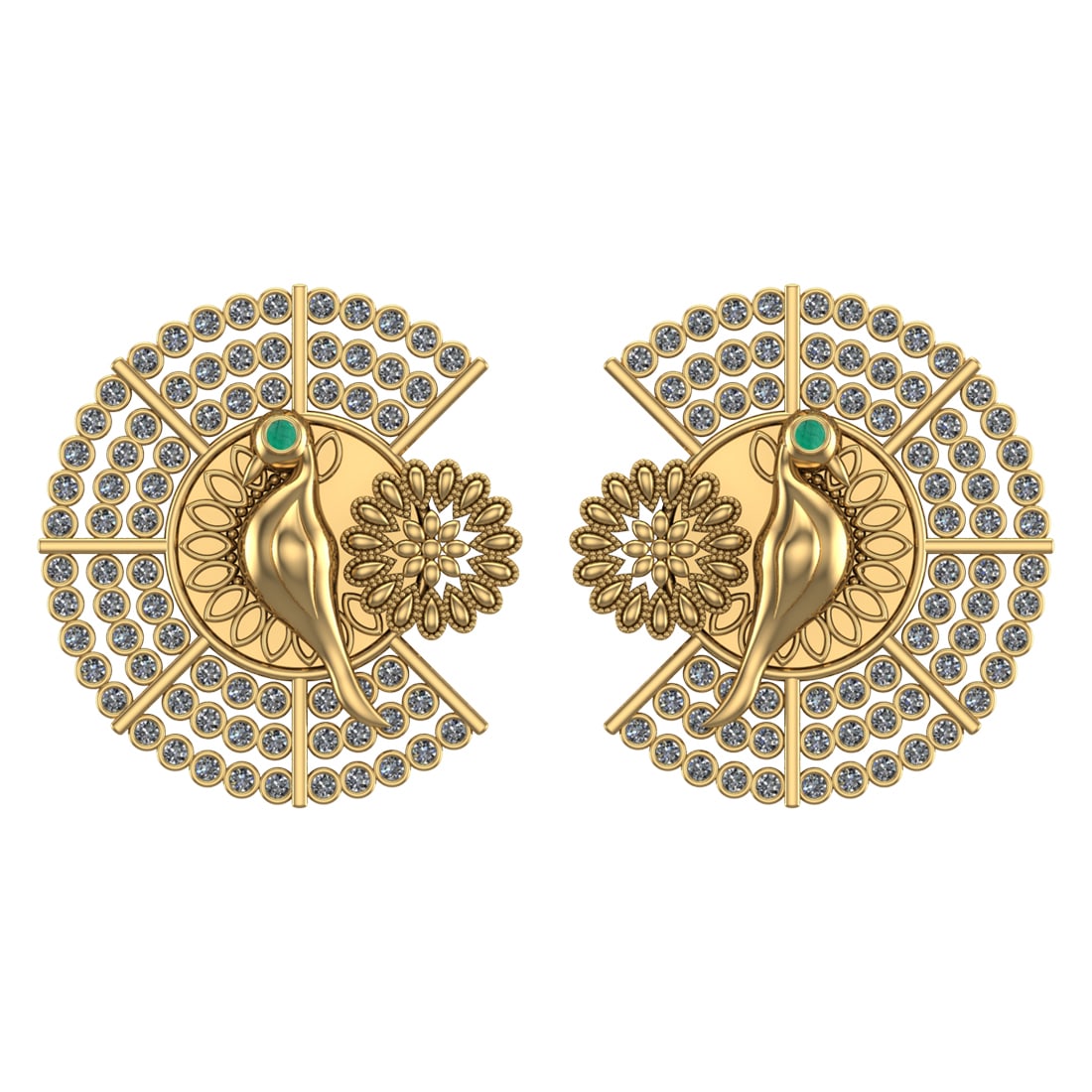 2.10 Ctw SI2/I1 Emerald and Diamond 14K Yellow Gold Little Birds Stud Earri: Eye Stone Weight :-0.02 ctw Eye stone Color :- Emerald Setting : Prong Side Weight Of Ctw 2.08 Ctw Color : J-K Clarity : SI2/I1 Stone Setting : Prong Metal Weight : Approx 17.50 gram 14K Yellow Gold L