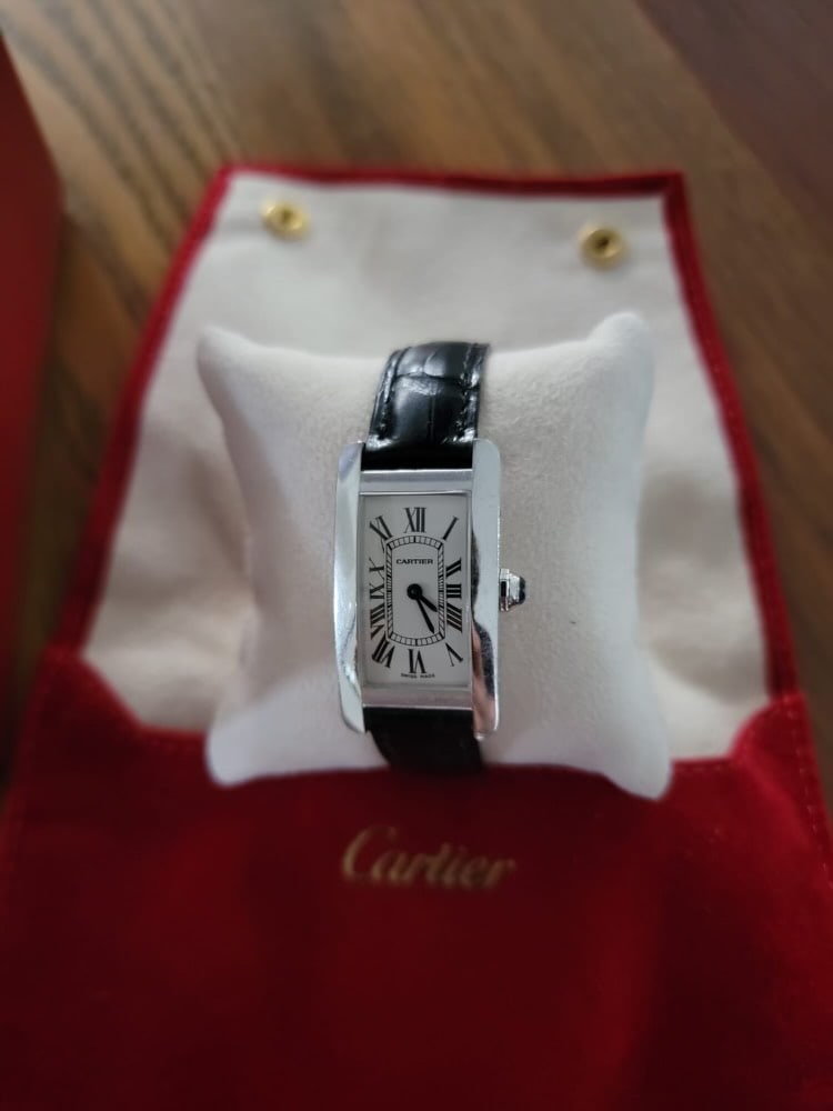 TANK AMERICAINE CARTIER 18K WHITE GOLD WITH BOX, POUCH, & SERVICE RECEIPT: TANK AMERICAINE CARTIER 18K WHITE GOLD WITH BOX, POUCH, & SERVICE RECEIPT #PAPPS10655v8