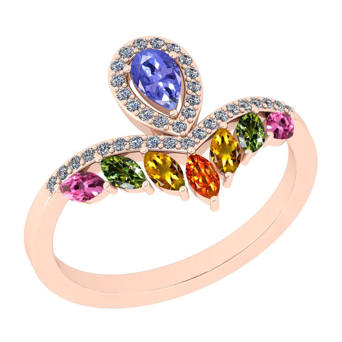 Certified 1.13 Ctw I2/I3 Multi Sapphire, tanzanite And Diamond 10K Rose Gol: Multi Stone Approx Weight: 0.95 Ctw (Pear & Marquise Cut) Multi Stone Color: Sapphire tanzanite Center Setting: Prong Side Stone 0.18 ctw Side Stone Color: J-K Side Stone Setting: Prong Side Stone Cla