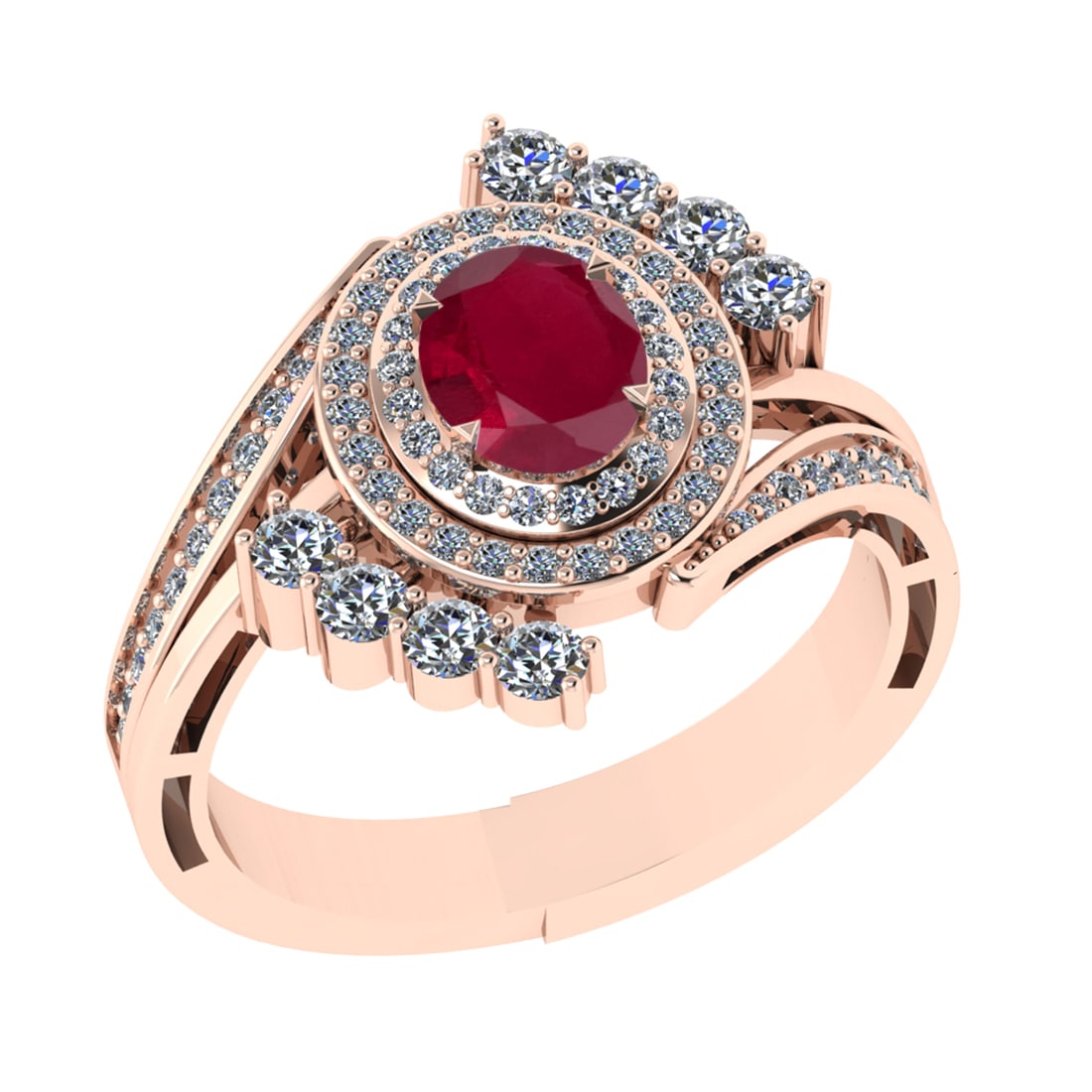1.49 Ctw SI2/I1 Ruby And Diamond 14K Rose Gold Engagement Ring: Center Stone Weight : 0.75 Ctw ( Oval Cut ) Center Stone Color : Ruby Stone Setting : Prong Side Diamond Weight Of Ctw0.74 Ctw Side Stone Color : J-K Stone Clarity : SI2/I1 Stone Setting : Prong Metal