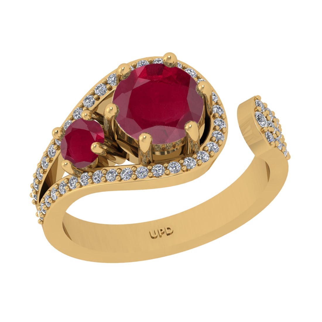 1.79 Ctw I2/I3 Ruby And Diamond 14K Yellow Gold Engagement Ring: Center Stone Weight : 1.55 Ctw ( round Cut ) Center Stone Color : Ruby Stone Setting : Prong Side Diamond Weight Of Ctw 0.24 Ctw Side Stone Color : J-K Stone Clarity : SI2/I1 Stone Setting : Prong Met