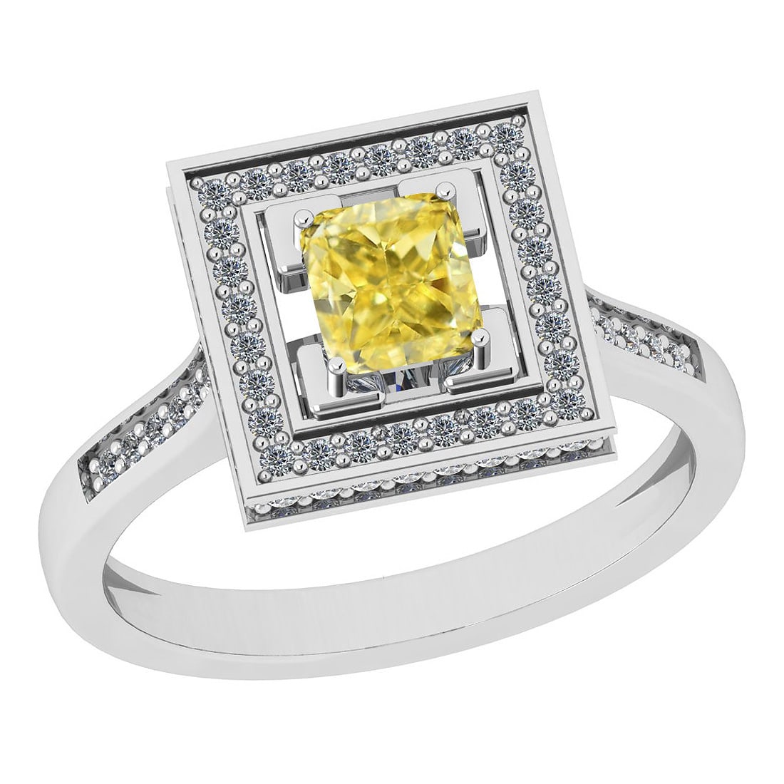 Certified 1.07 Ct Natural Fancy Yellow And White Diamond Platinum Vintage S: Center Stone Approx Weight: 0.71 Ctw (1pcs Cushion Cut) GIA Certified Center Stone Color: Natural Fancy Yellow Diamond Center Stone Clarity: I2/I2 Stone Setting: Prong Side Stone Approx Weight: 0.36