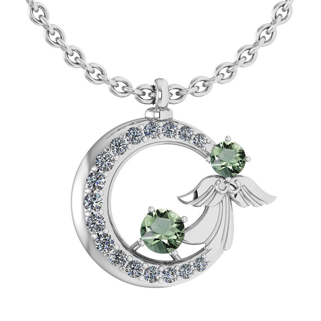 Certified 1.14 Ctw Green Amethyst Diamond Tiny Angel Necklace For womens Ne: Center Stone Approx Weight ; 0.68 Ctw (2 Pcs Round) Center Stone Color: Green Amethyst Center Stone Setting: Prong Side Stone Weight: 0.46 Ctw (17 Pcs Round Cut Diamond) Side Stone Color: White G-H
