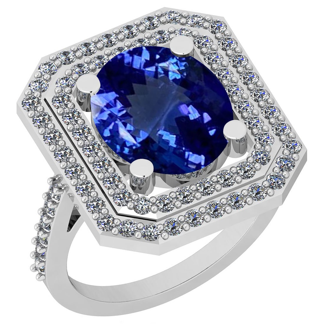 Certified 6.80 Ctw VS/SI1 Tanzanite And Diamond 14K White Gold Vintage Styl: Center Stone Approx Weight: 5.75 Ctw (Oval Cut) Center Stone Color: Tanzanite Center Stone Setting: Prong Side Stone 1.05 Ctw Side Stone Color: G-H Stone Clarity: VS/SI1 Stone Setting: Prong Metal App
