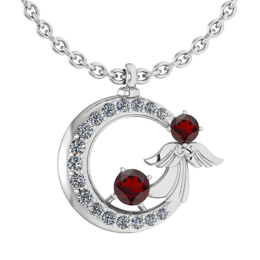 Certified 1.14 Ctw Garnet And Diamond Tiny Angel Necklace For womens New Ex: Center Stone Approx Weight ; 0.68 Ctw (2 Pcs Round) Center Stone Color: Garnet Center Stone Setting: Prong Side Stone Weight: 0.46 Ctw (17 Pcs Round Cut Diamond) Side Stone Color: White G-H Diamond St