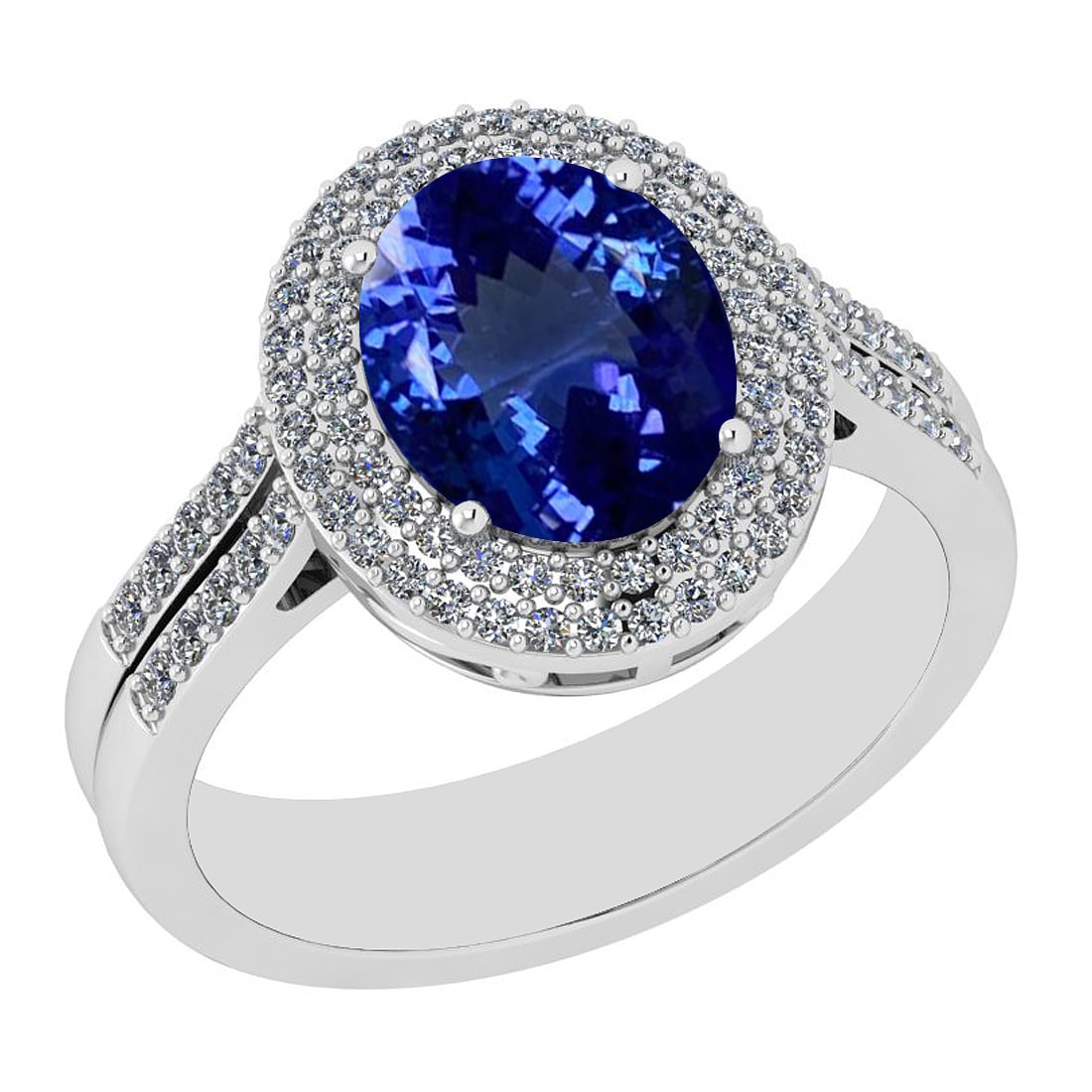 3.68 Ctw VS/SI1 Tanzanite And Diamond 14K White Gold halo Ring: Center Stone Approx Weight: 3.03 Ctw (Oval Cut) Center Stone Color: Tanzanite Center Stone Setting: Prong Side Stone 0.65 Ctw Side Stone Color: H-I Stone Clarity: VS/SI1 Stone Setting: Prong Metal App