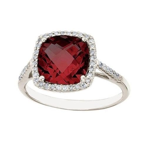 Cushion -Cut Garnet and Diamond Cocktail Ring 14k White Gold 3.70ctwtw: CENTER STONE; Garnet CENTER STONE CLARITY; CENTER STONE COLOR; CENTER STONE SETTING; Prong SIDE STONE CLARITY; SI SIDE STONE COLOR; I-J SIDE STONE SETTING; Prong ctw OF SIDE STONE: 0.2 SIDE STONE