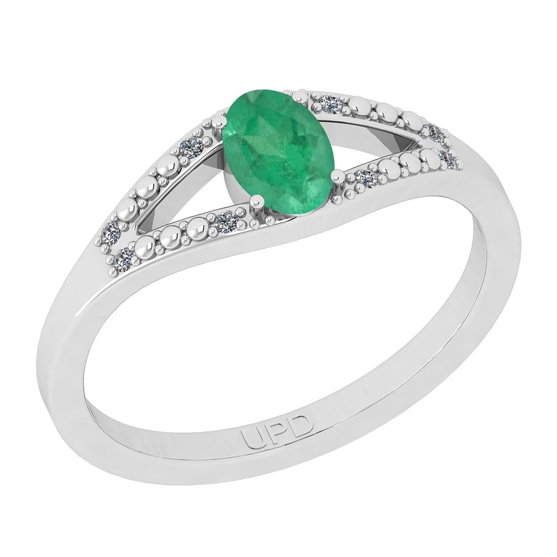 0.42 Ctw SI2/I1 Emerlad And Diamond 14K White Gold Ring: Center Stone Weight : 0.38 Ctw (Oval Cut) Center Stone Color :-Emerlad Center Stone Setting : Prong Side Stone Weight Of Ctw 0.04 Ctw Side Stone Color : J-K Stone Clarity : SI2/I1 Stone Setting :
