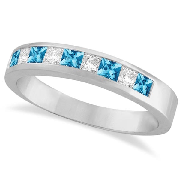 Princess Channel-Set Diamond and Blue Topaz Ring Band 14K White Gold: CENTER STONE0.23Ctw ; Blue Topaz CENTER STONE CLARITY; CENTER STONE COLOR; Blue CENTER STONE SETTING; Channel SIDE STONE CLARITY; SI SIDE STONE COLOR; J-K SIDE STONE SETTING; Channel ctw OF SIDE STONE