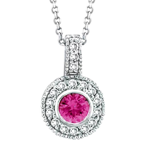 Designer Pink Sapphire and Diamond Pendant in 14K White Gold (0.67 ctw): METAL TYPE: 14k White Gold ;TOTAL CARAT WEIGHT: 0.67 ;NAME OF CENTER STONE: Pink Sapphire ;CENTER STONE SHAPE: Round ;CENTER STONE CLARITY: ;CENTER STONE COLOR: ;CENTER STONE SETTING: Bezel ;CENTER ST