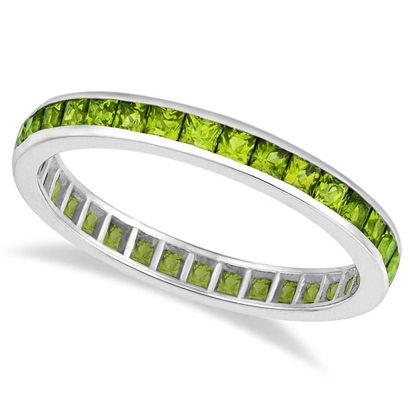 Princess-Cut Peridot Eternity Ring Band 14k White Gold 1.36ctw: CENTER STONE; Peridot CENTER STONE CLARITY; CENTER STONE COLOR; Green CENTER STONE SETTING; Channel SIDE STONE CLARITY; SIDE STONE COLOR; SIDE STONE SETTING; ctw OF SIDE STONE: SIDE STONE QUALITY; 