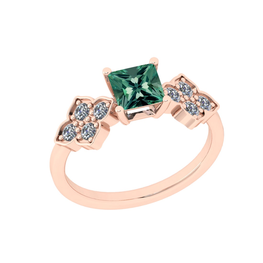 0.46 Ctw SI2/I1 Green Sapphire And Diamond 14K Rose Gold Ring: Center Stone Weight : 0.18 Ctw (Round Cut) Center Stone Color :-Green Sapphire Center Stone Setting : Prong Side Stone Weight Of Ctw 0.28 Ctw Side Stone Color : J-K Stone Clarity :SI2/I1 Stone Setting