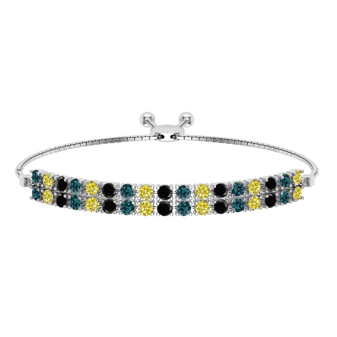 0.54 Ctw I2/I3 Multi Diamond14K White Gold Slide Bracelet: Center Diamond Weight : 0.54 Ctw (Round Cut) Center Diamond Color :- Treated Fancy Blue black yellow diamond Center Clarity : I2/I3 Stone Setting : Prong Metal Weight : Approx 5.80 Gram 14K White Gold