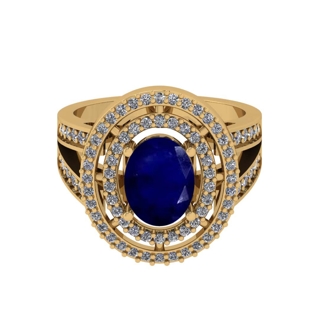 2.67 Ctw SI2/I1 Blue Sapphire And Diamond 14K Yellow Gold two Row Engagemen: Color Stone Weight : 2.00 Ctw (Oval Cut ) Center Stone Color : Blue Sapphire Center Stone Setting : Prong Side Stone Weight Of Ctw 0.70 Ctw Side Stone Color : J-K Stone Clarity : SI2/I1 Stone Setting