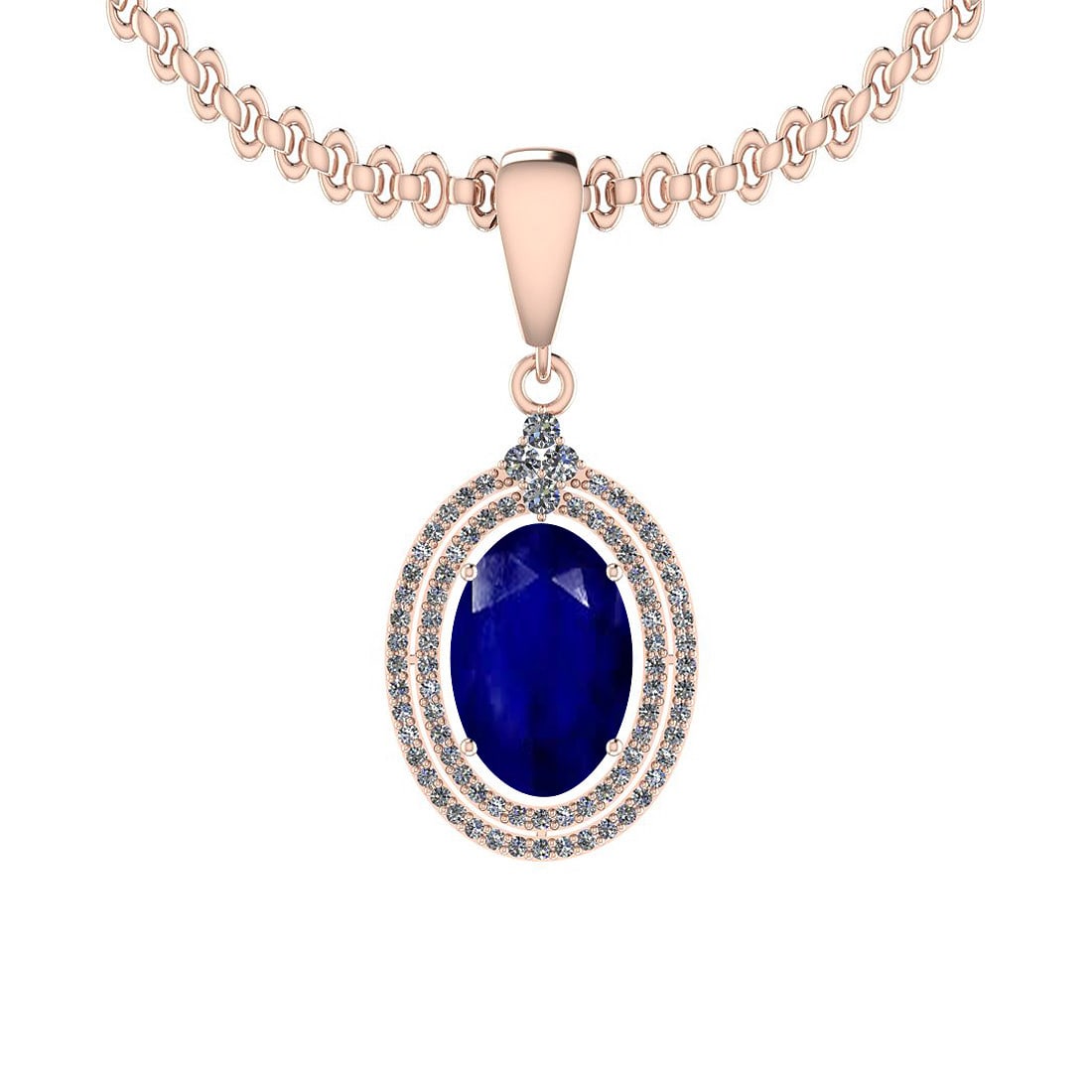 4.20 Ctw SI2/I1 Blue Sapphire And Diamond 14K Rose Gold Necklace: Center Stone Weight : 4.00 Ctw (Oval cut) Center Stone Color :-Blue Sapphire Stone Setting : Prong Side Stone Weight Of Ctw 0.20 Ctw Side Stone Color : J-K Stone Clarity : SI2/I1 Stone Setting : Prong