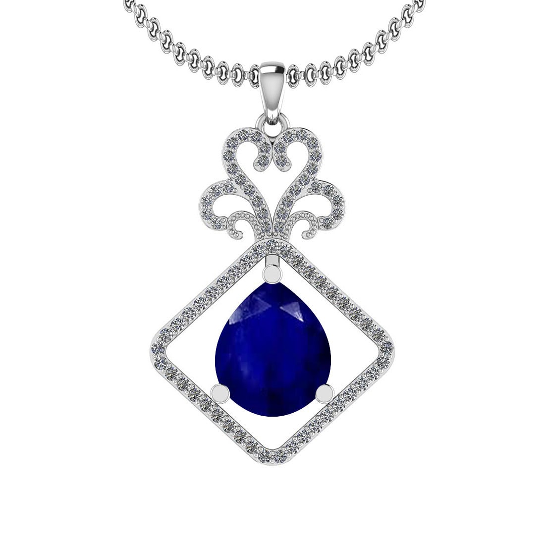 1.55 Ctw SI2/I1 Blue Sapphire And Diamond 14K White Gold Necklace: Center Stone Weight : 1.25 Ctw (Pear cut) Center Stone Color :-Blue Sapphire Stone Setting : Prong Side Stone Weight Of Ctw 0.30 Ctw Side Stone Color : J-K Stone Clarity : SI2/I1 Stone Setting : Prong