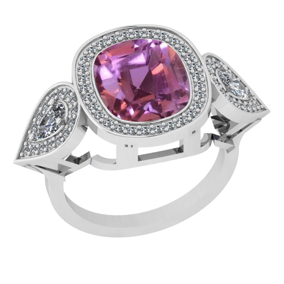 6.48 Ctw I2/I3 Kunzite And Diamond 14K White Gold Cocktail Ring: Center Stone Weight : 5.50 Ctw (Cushion Cut ) Center Stone Color : Kunzite Stone Setting : Prong Side Stone Weight Of Ctw 0.98 Ctw Side Stone Color : J-K Stone Clarity : I2/I3 Stone Setting : Prong Me