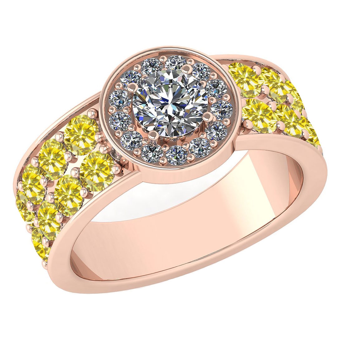 Certified 2.08 Ctw I2/I3 Treated Fancy Yellow And White Diamond 14K Rose Go: Center Approx Weight: 0.50 Ctw (Round Cut) Center Color: J-K Center Stone Clarity: I2/I3 Stone Setting: Prong Side Stone 1.40 Ctw Side Stone Color: Treated Fancy Yellow Diamond Stone Clarity: I2/I3 Si