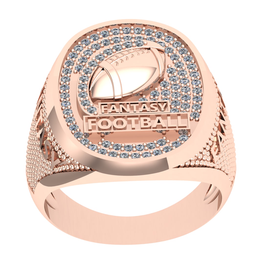 0.40 Ctw SI2/I1 Diamond 14K Rose Gold football theme Ring: Total Diamond Weight : 0.40 Ctw (Round cut) Center Diamond Color :- J-K Center Clarity : SI2/I1 Stone Setting : Prong Metal Weight : Approx 10.80 Gram 14K Rose Gold football theme Ring Current Ring Si