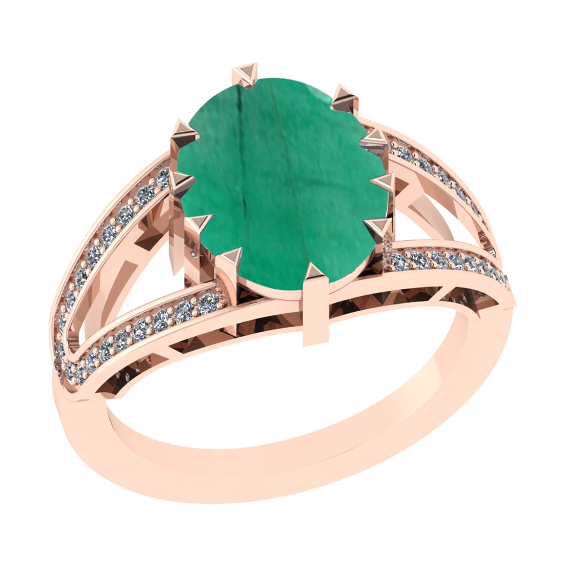 3.71 Ctw SI2/I1 Emerald and Diamond 14K Rose Gold Engagement Ring: Color Stone Weight : 3.50 Ctw ( Oval Cut) Stone Color :- Emerald Center Stone Setting : Prong Side Weight Of Ctw 0.21 Ctw Color : J-K Clarity : SI2/I1 Stone Setting : Prong Metal Weight : Approx 5.20