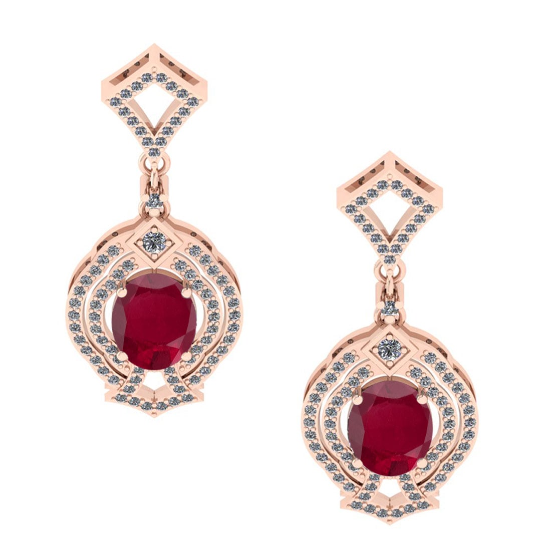6.20 Ctw VS/SI1 Ruby And Diamond 14K Rose Gold Dangling Earrings (ALL DIAMO: Color Stone Weight : 4.00 Ctw ( Oval Cut ) Center Stone Color : Ruby Stone Setting : Prong Side Diamond Weight Of Ctw 2.20 Ctw Side Stone Color : J-K Stone Clarity : VS/SI1 Stone Setting : Prong Metal