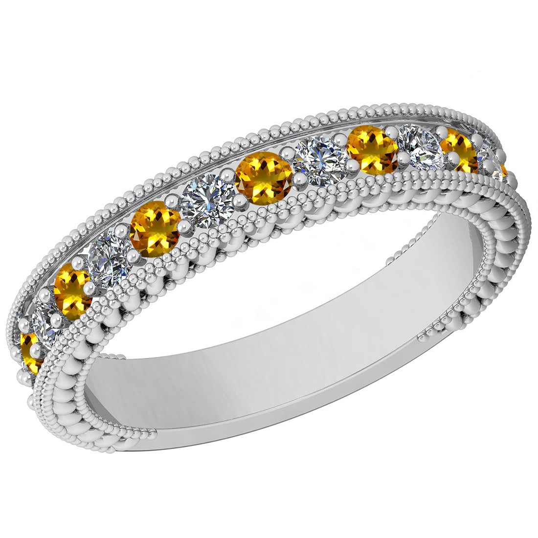 0.83 Ctw SI2/I1 Yellow Sapphire And Diamond 14K White Gold Filigree Band Ri: Center Weight : 0.44 Ctw ( Round Cut ) Center Color :- Yellow Sapphire Stone Setting : Prong Side Stone Weight Of Ctw 0.39 Ctw Side Stone Color : J-K Stone Clarity : SI2/I1 Stone Setting : Prong Metal