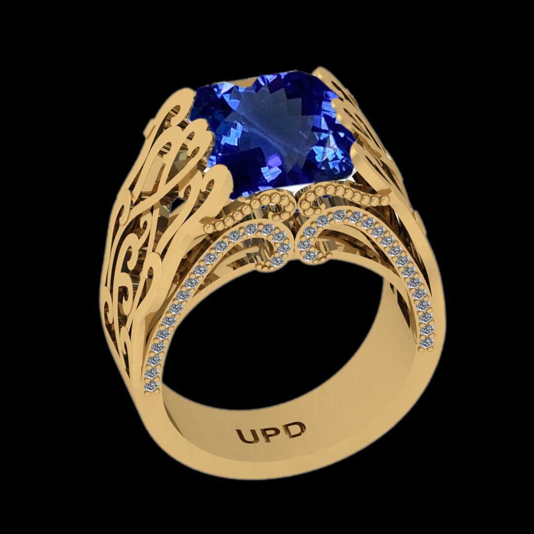 5.74 Ctw VS/SI1 Tanzanite and Diamond 14K Yellow Gold Vintage Style Ring: Center Stone Weight : 5.38 Ctw ( Emerald Cut) Center stone Color :-Tanzanite Center Stone Setting : Prong Side Stone Weight Of Ctw 0.36 Ctw Side Stone Color : J-K Stone Clarity : VS/SI1 Stone Setting