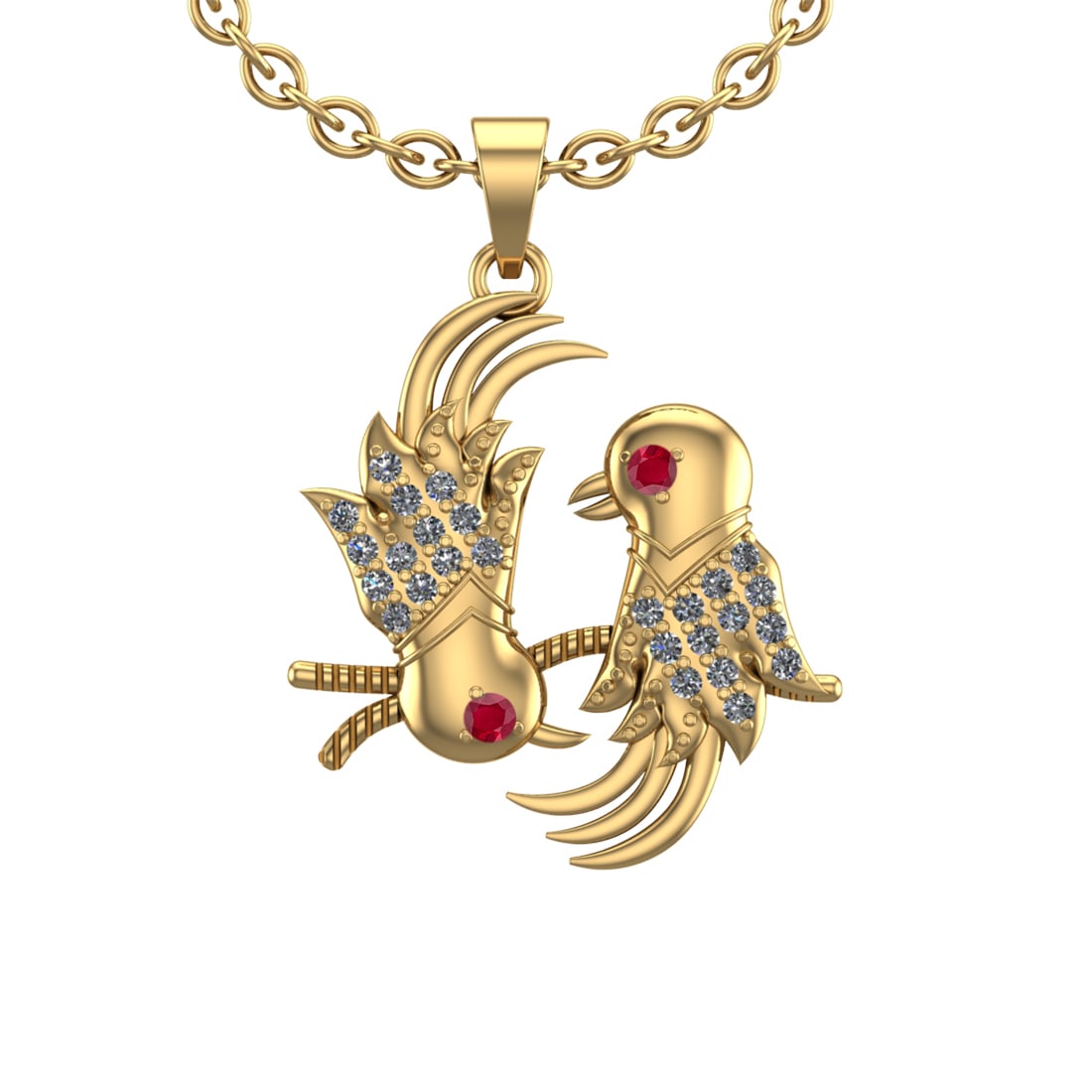 0.08 Ctw SI2/I1 Ruby and Diamond 14K Yellow Gold Little Birds Necklace: Eye Stone Weight :-0.02 ctw Eye stone Color :- Ruby Setting : Prong Side Weight Of Ctw 0.06 Ctw Color : J-K Clarity : SI2/I1 Stone Setting : Prong Metal Weight : Approx 2.80 gram 14K Yellow Gold Littl