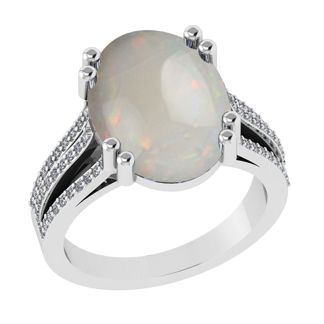 6.43 Ctw SI2/I1 Opal And Diamond 14K White Gold Engagement Ring: Center Stone Weight : 6.12 Ctw ( Oval Cab ) Center Stone Color : Opal Stone Setting : Prong Side Diamond Weight Of Ctw 0.31 Ctw Side Stone Color : J-K Stone Clarity : SI2/I1 Stone Setting : Prong Meta