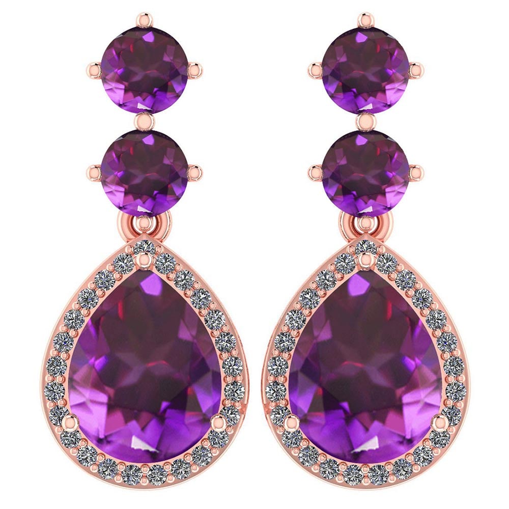 Certified 5.17 Ctw Amethyst And Diamond 14k Rose Gold Halo Dangling Earring: Center Stone Weight ; 4.00 Ctw ( 2pec Pear ) Top Stone Weight: 0.92 (4.mm 4 Pec Round) Stone Color : Amethyst Center Stone Setting ; Prong Side Stone ( 1.00mm 50 Pec Round Cut Diamond ) .25 ctw Side S