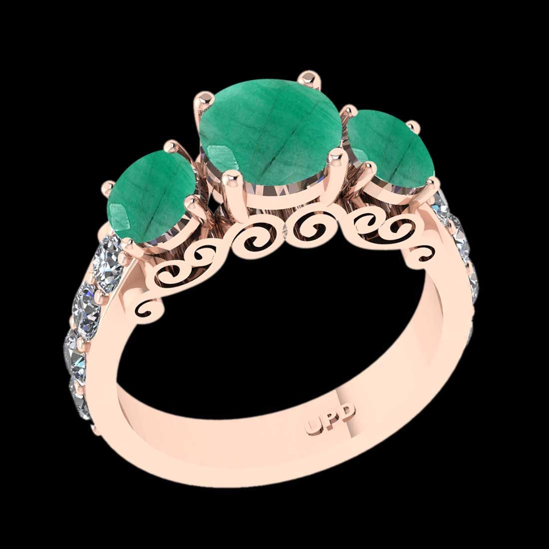 3.05 Ctw VS/SI1 Emerald And Diamond Prong Set 14K Rose Gold three Stone Rin: Center Stone Weight : 2.25 Ctw ( Round Cut) Center stone Color :- Emerald Center Stone Setting : Prong Side Stone Weight Of Ctw 0.80 Ctw Side Stone Color : J-K Stone Clarity :VS/SI1 Stone Setting : Pr