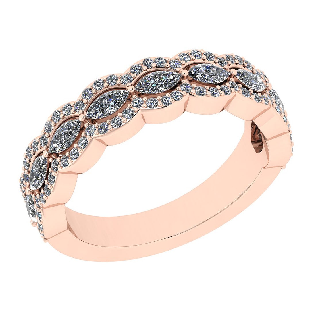 Certified 1.27 Ctw SI2/I1 Diamond 14K Rose Gold Vintage Style Wedding Band: Center Approx Weight: 0.90 Ctw (Marquise Cut) Center Diamond Color: G-H Center Clarity: SI2/I1 Center Setting: Prong Side Stone 0.37 ctw Side Stone Color: G-H Side Stone Setting: Prong Side Stone Clar