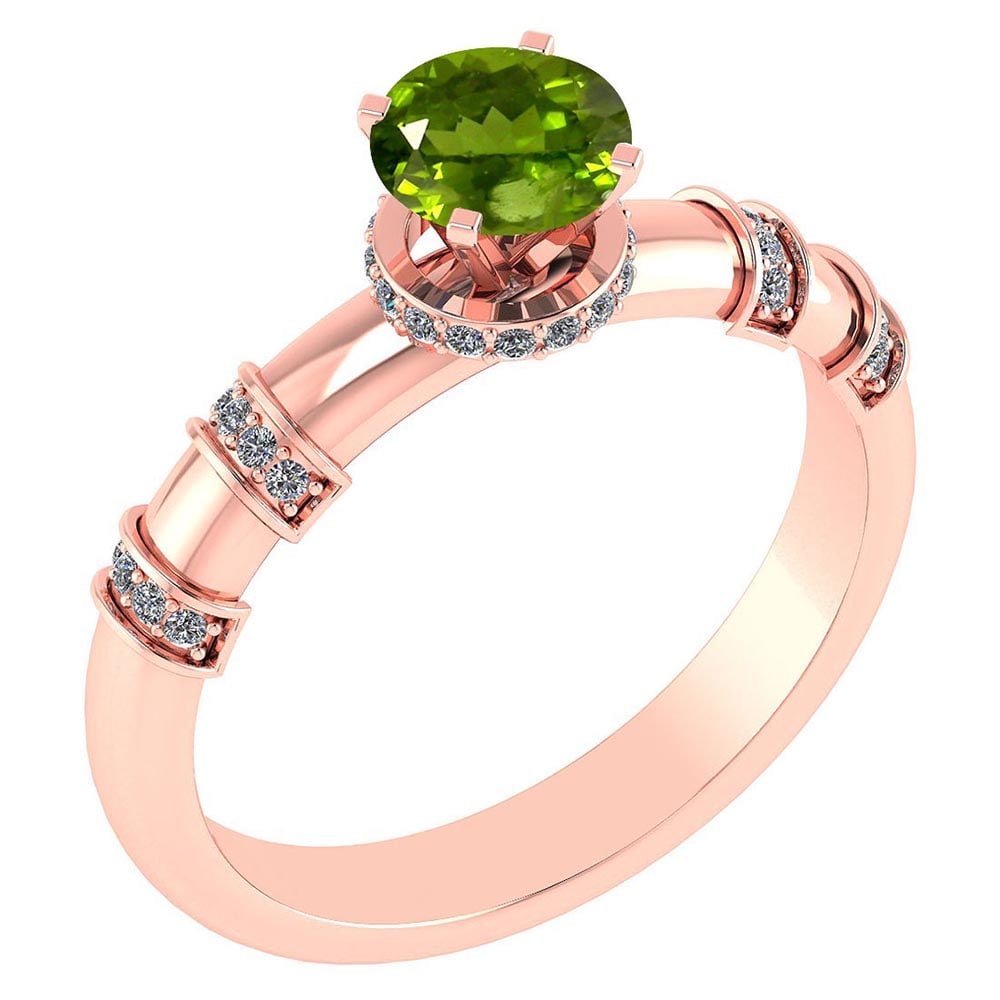 Certified .96 Ctw Genuine Peridot And Diamond 14k Rose Gold Engagement Ring: Center Stone Weight ; .80 Ctw ( 1Pcs Round) Center Stone Color : Peridot Center Stone Setting ; Prong Side Stone (1.00mm 32 Pcs Round Cut Diamond ) .16 ctw Side Stone Color : White G-H Diamond Side St