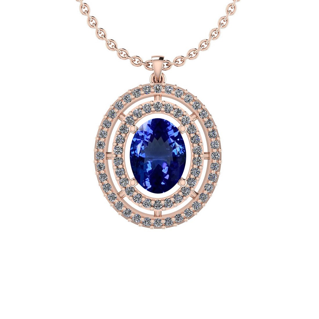 Certified 5.66 Ctw VS/SI1 Tanzanite And Diamond 14K Rose Gold Necklace: Center Stone Approx Weight: 4.80 Ctw (Oval Cut) Center Stone Color: Tanzanite Center Stone Setting: Prong Side Stone 0.86 Ctw Side Stone Color: H-I Stone Clarity: VS/SI1 Stone Setting: Prong Metal App