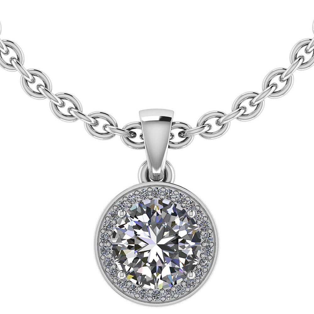 Certified 1.15 CTW Round Diamond 14K White Gold Pendant: Center Stone .75 CTW Round Center Stone Clarity: SI2-I1 Center Stone Color G-H : White Diamond Stone Setting ;Prong Side Stone Clarity;SI1-SI2 Side Stone Color ; White Diamond G-H Side Stone Setting ;