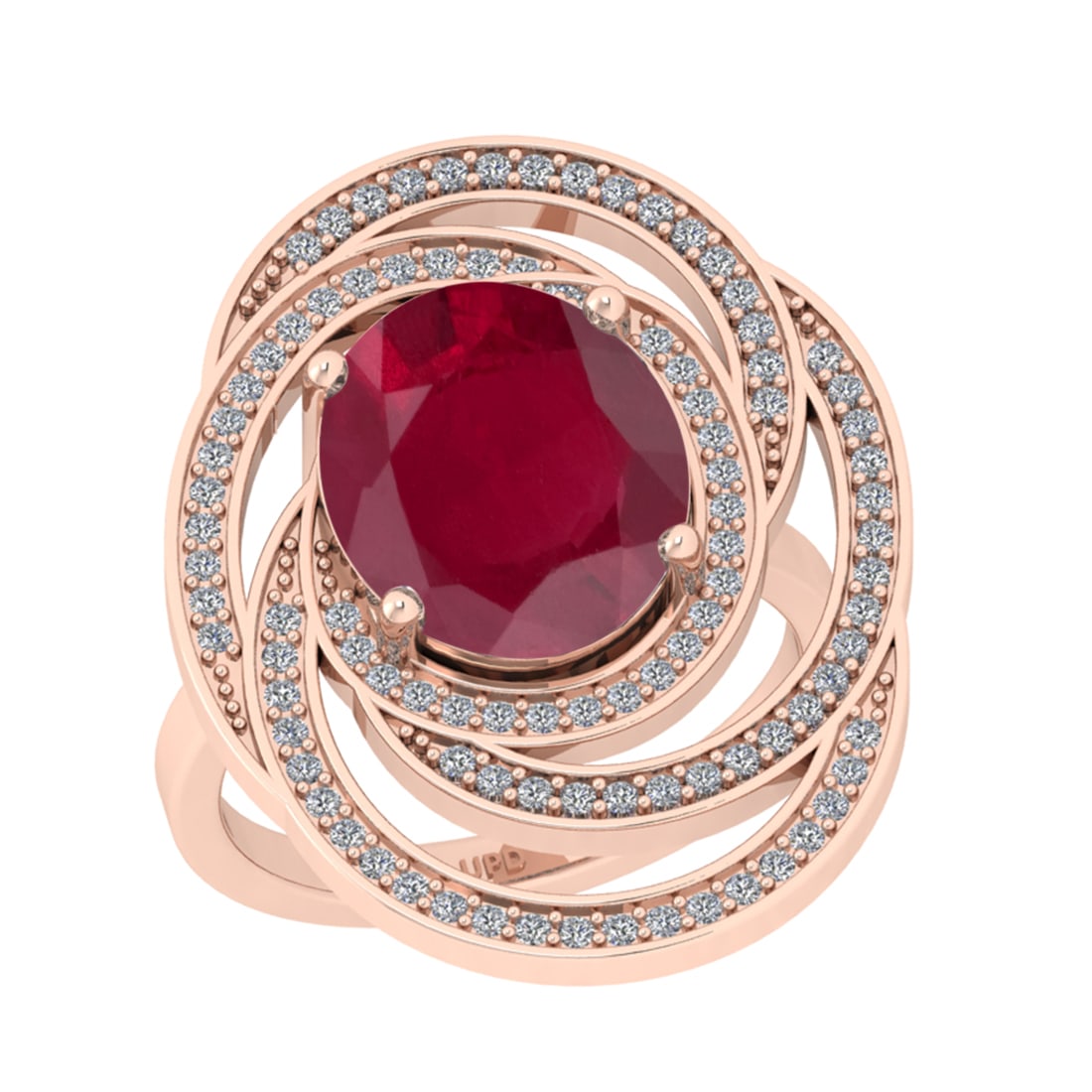 5.53 Ctw I2/I3 Ruby And Diamond 14K Rose Gold Engagement Ring: Center Stone Weight : 5.05 Ctw ( Oval Cut ) Center Stone Color : Ruby Stone Setting : Prong Side Diamond Weight Of Ctw 0.48 Ctw Side Stone Color : J-K Stone Clarity : SI2/I1 Stone Setting : Prong Meta