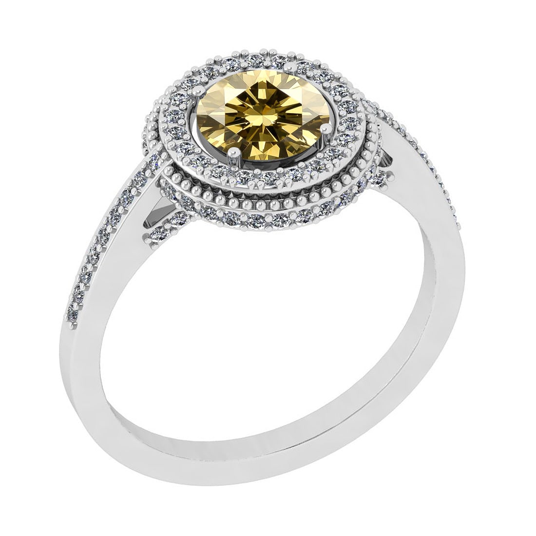 Certified 1.45 Ctw SI1/SI2 Natural Fancy Yellow And White Diamond 14K White: Center Approx Weight: 1.01 Ctw (Round Cut) Center Diamond Color: Natural Fancy Yellow Diamond Center Setting ; Prong Side Stone 0.44 ctw Side Stone Color: G-H Side Stone Setting: Prong Side Stone Clar