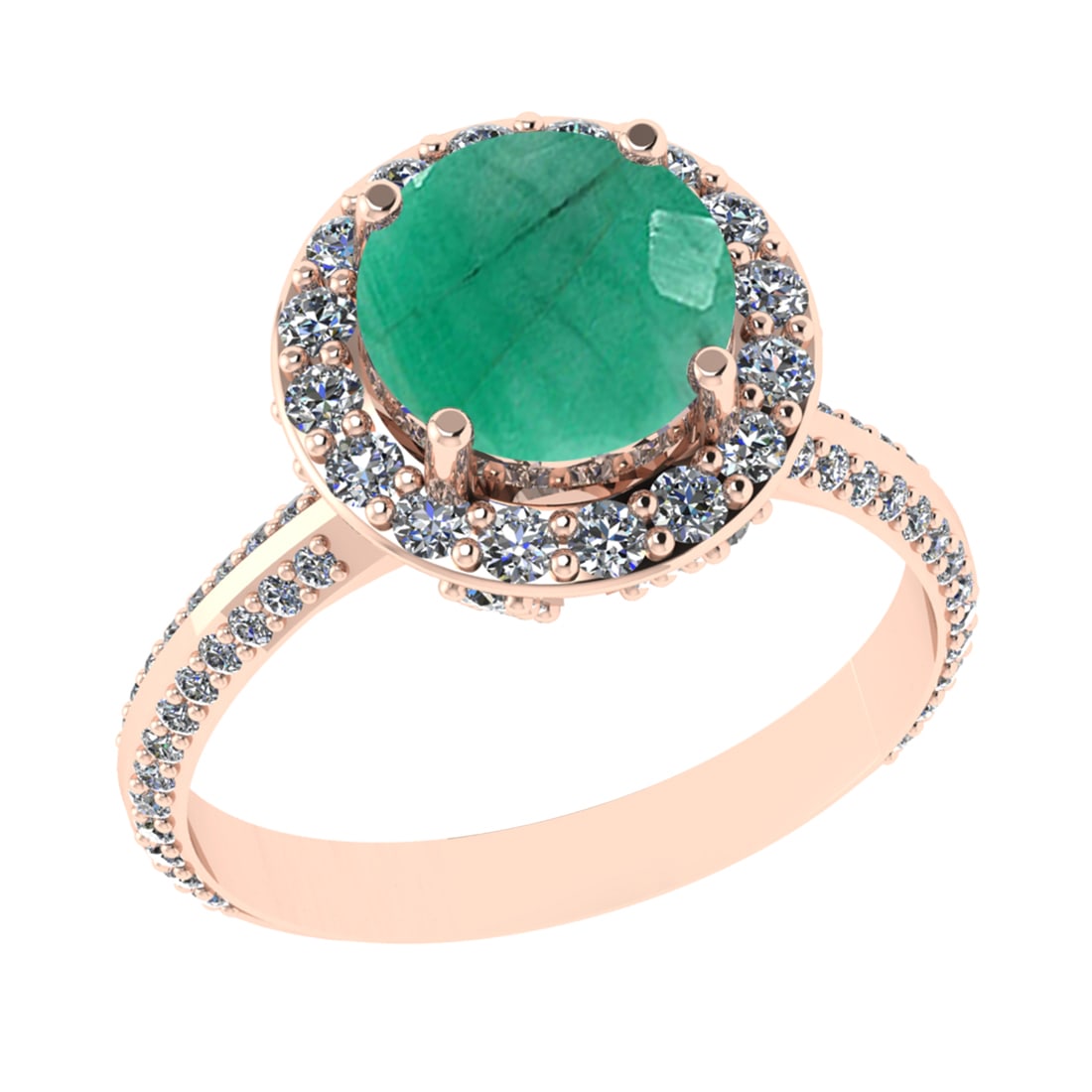 3.26 Ctw I2/I3 Emerald And Diamond 14K Rose Gold Engagement Ring: Center Stone Weight : 2.00 Ctw ( round Cut ) Center Stone Color : Emerald Stone Setting : Prong Side Diamond Weight Of Ctw 1.26 Ctw Side Stone Color : J-K Stone Clarity : SI2/I1 Stone Setting : Prong