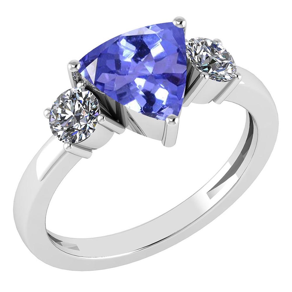 Certified 2.25 Ctw Tanzanite And Diamond Ladies Fashion Halo Ring 14k White: Center Stone Weight ; 1.75 Ctw (1 Pcs Trillion) Center Stone Color: Tanzanite Center Stone Setting ; Prong Side Stone (2 Pcs Round Cut Diamond) 0.50 ctw Side Stone Color: White G-H Diamond Side Stone