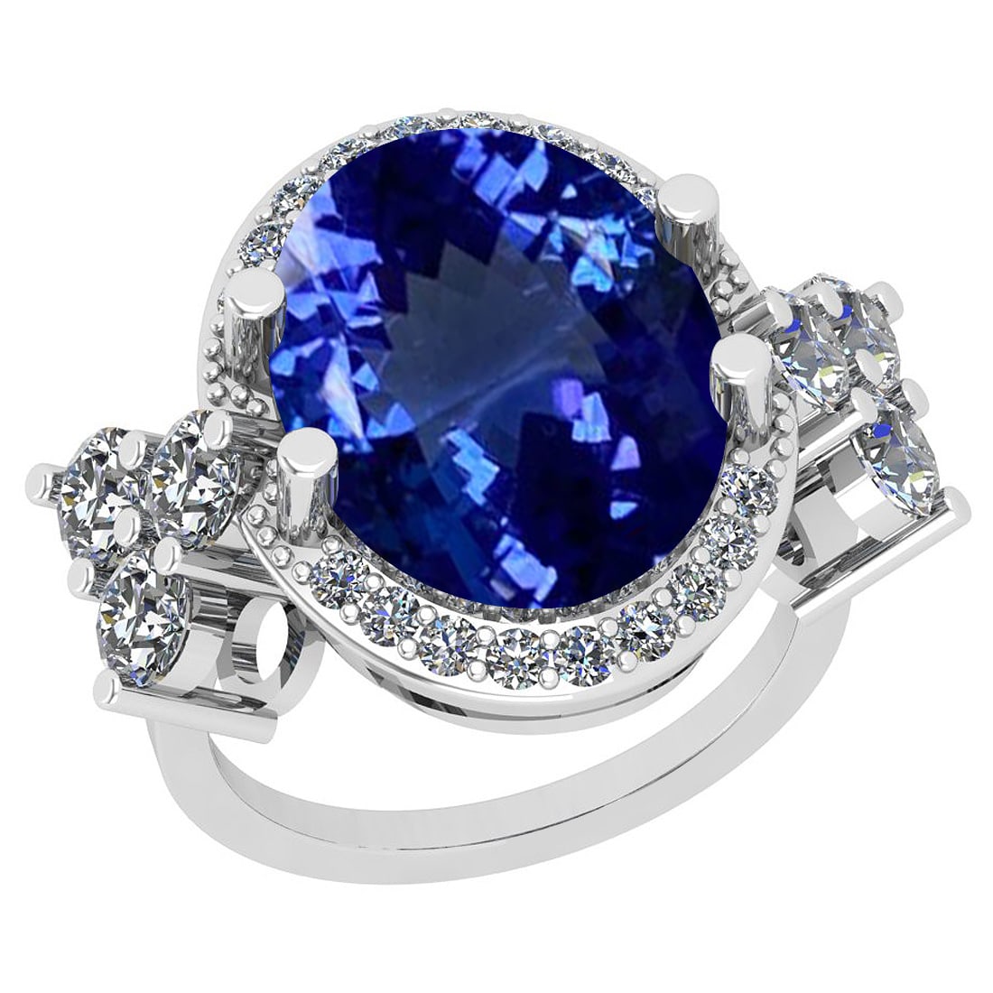 Certified 10.40 Ctw SI2/I1 Tanzanite And Diamond 14K White Gold Vintage Sty: Center Stone Approx Weight: 8.53 Ctw (Oval Cut) Center Stone Color: Tanzanite Center Stone Setting: Prong Side Stone 1.87 Ctw Side Stone Color: J-K Stone Clarity: SI2/I1 Stone Setting: Prong Metal App