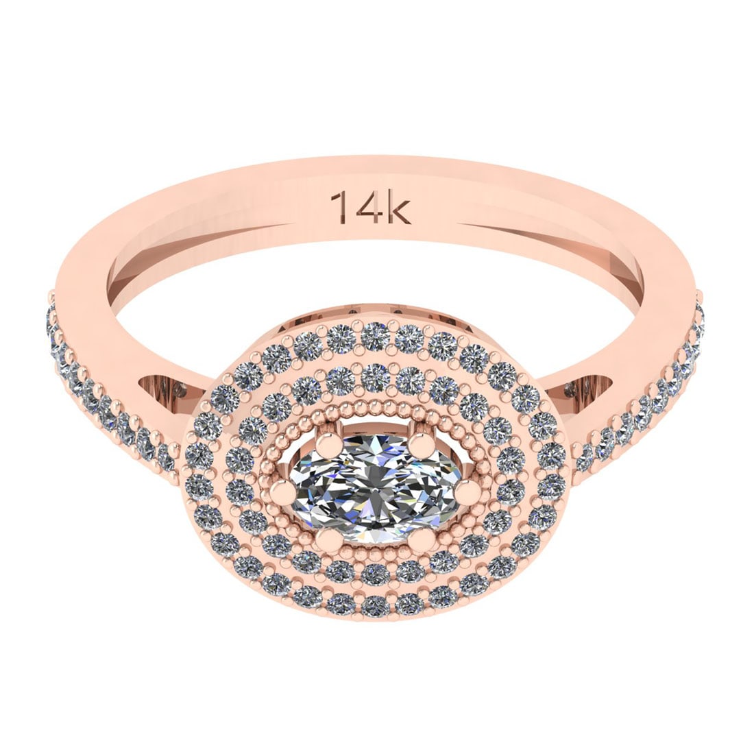 0.80 Ctw SI2/I1 Diamond 14K Rose Gold Engagement Halo Ring: Center Diamond Weight : 0.50 Ctw (Oval Cut) Center Diamond Color : J-K Center Stone Setting : Prong Center Stone Clarity : SI2/I1 Side Stone Weight Of Ctw 0.30 Ctw Side Stone Color : J-K Stone Clarity