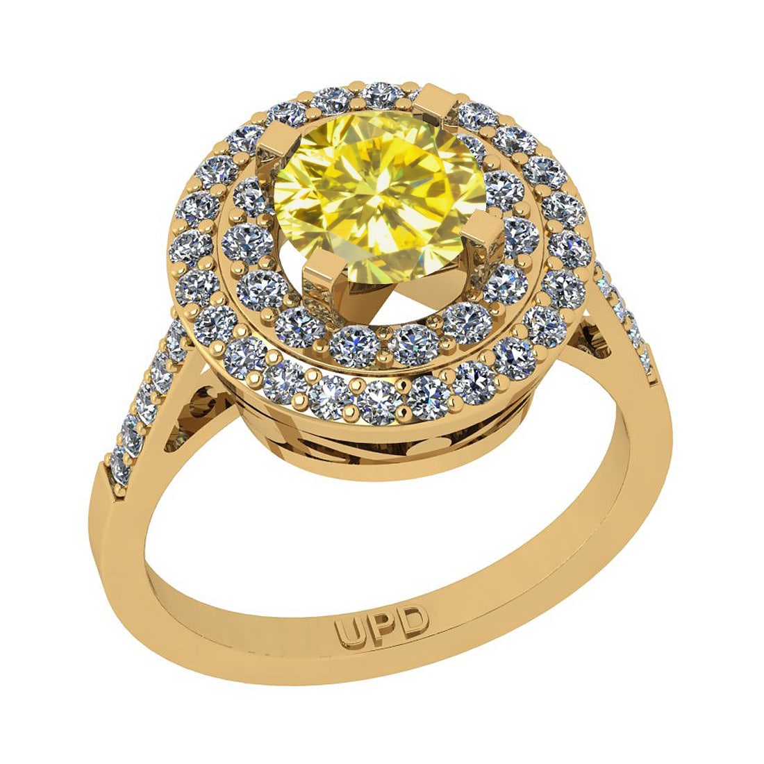 2.39 Ctw I2/I3 Treated Fancy Yellow And White Diamond 10K Yellow Gold Engag: Center Stone Weight : 1.25 Ctw (Round Cut ) Center Stone Color : Treated Fancy Yellow Diamond Center Stone Clarity : I2/I3 Center Stone Setting : Prong Side Stone Weight Of Ctw 1.14 Ctw Side Stone Col