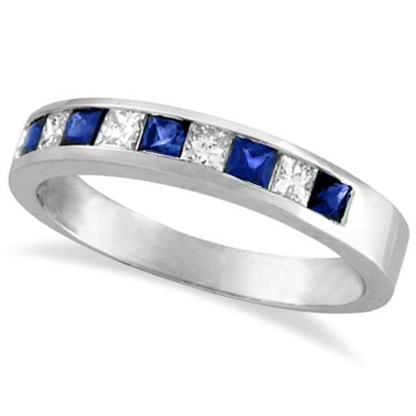 Princess-Cut Diamond and Sapphire Wedding Ring Band in platinum: CENTER STONE; Sapphire CENTER STONE CLARITY; CENTER STONE COLOR; Blue CENTER STONE SETTING; Channel SIDE STONE CLARITY; SI SIDE STONE COLOR; J-K SIDE STONE SETTING; Channel ctw OF SIDE STONE: 0.23 SID