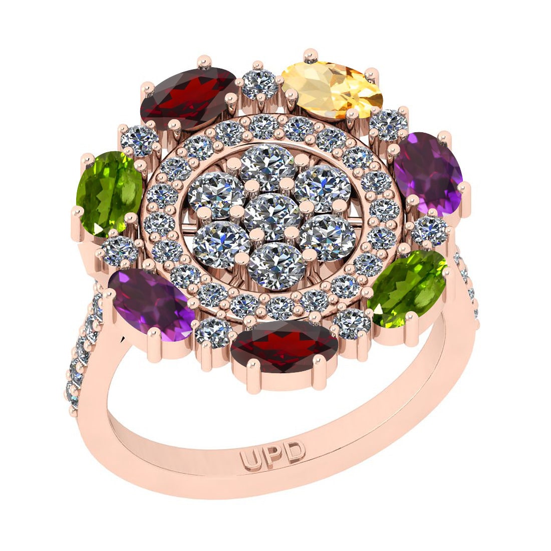 1.97 Ctw I2/I3 Multi Stone And Diamond 10K Rose Gold Cocktail Promises Ring: Multi Stone Weight : 1.75 Ctw ( Oval Cut) Multi Stone Color :-Amethyst,Garnet,Peridot,Citrine Multi Stone Setting : Prong Side Stone Weight Of Ctw 1.22 Ctw Side Stone Color : J-K Stone Clarity : I2/I3