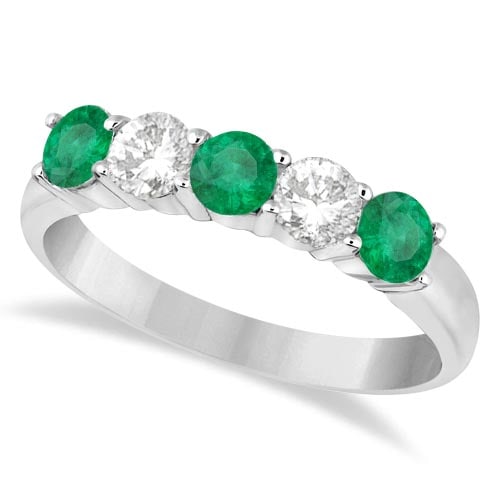 Five Stone Diamond and Emerald Ring 14k White Gold 1.08ctw (1 of 1)